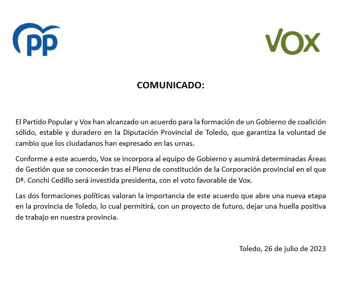 Comunicado PP Vox sobre Diputación de Toledo