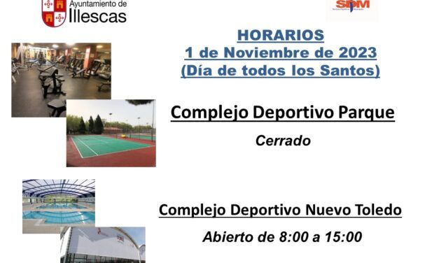 Horarios Centros Deportivos Illescas  día 1 de Noviembre 2023