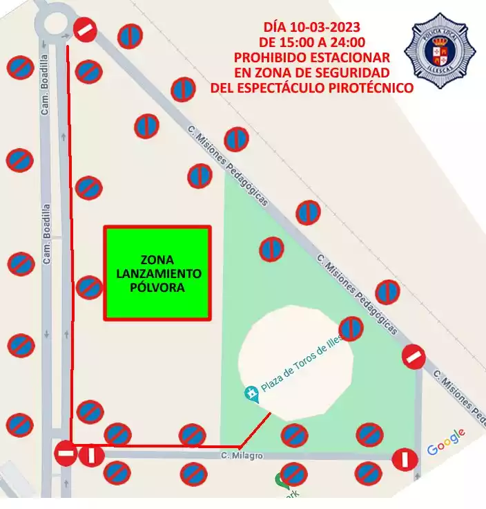Parking zona Plaza de Toros y fuegos artificiales Domingo 10 Fiestas Milagro Illescas 2024
