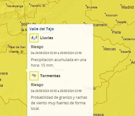Mañana Jueves 29, de nuevo en aviso amarillo, pero esta vez por tormentas y lluvias