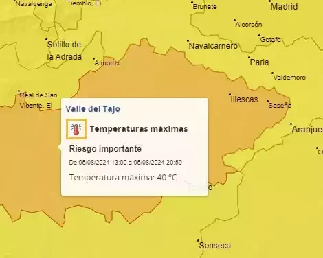 Hoy y mañana aviso naranja y 40 grados en la zona de Illescas. Miércoles aviso amarillo