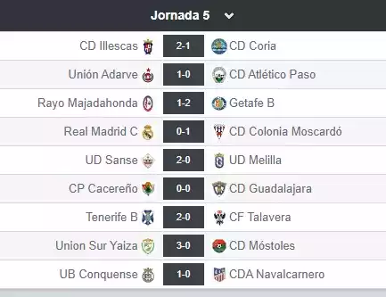 Resultados 5 Jornada Grupo 5 2ª rfef