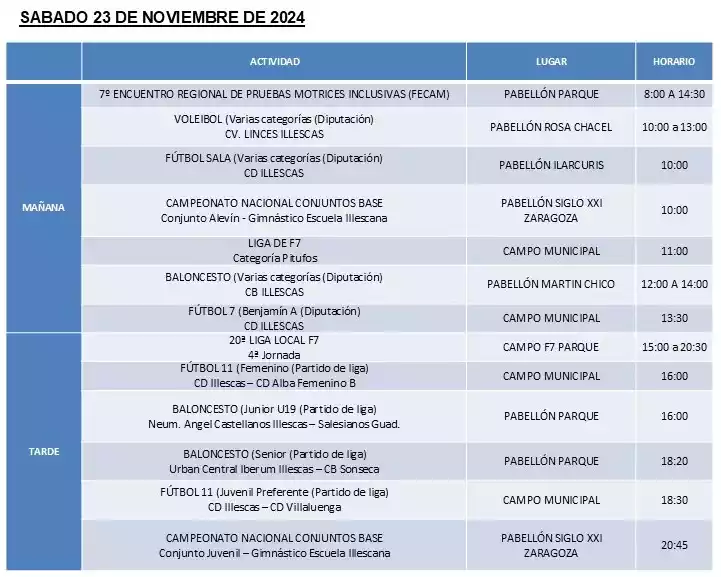 Programación deportiva Illescas días 22, 23 y 24