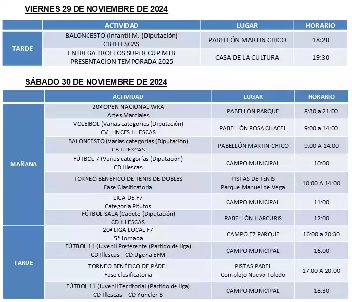 programacion deportiva dias 29-30 Noviembre 