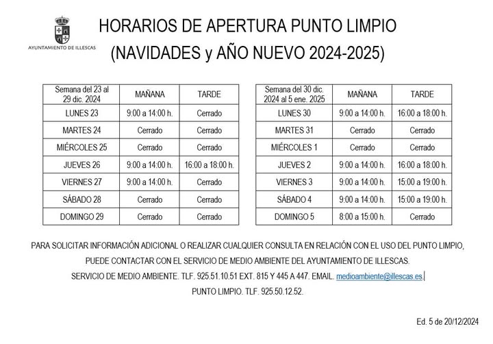 Horarios Punto Limpio Illescas Navidades 2024-25