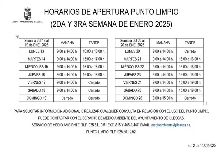 Horarios punto limpio Illescas segunda quincena enero