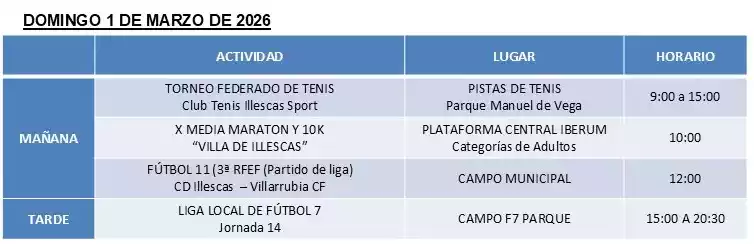 Programación deportiva Illescas 1 de Marzo