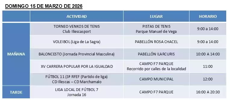 Actividades deportivas para el dia 15 de Marzo en Illescas