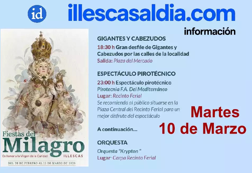 Fiestas Milagro Illescas 2026. Programación Martes 10 de Marzo