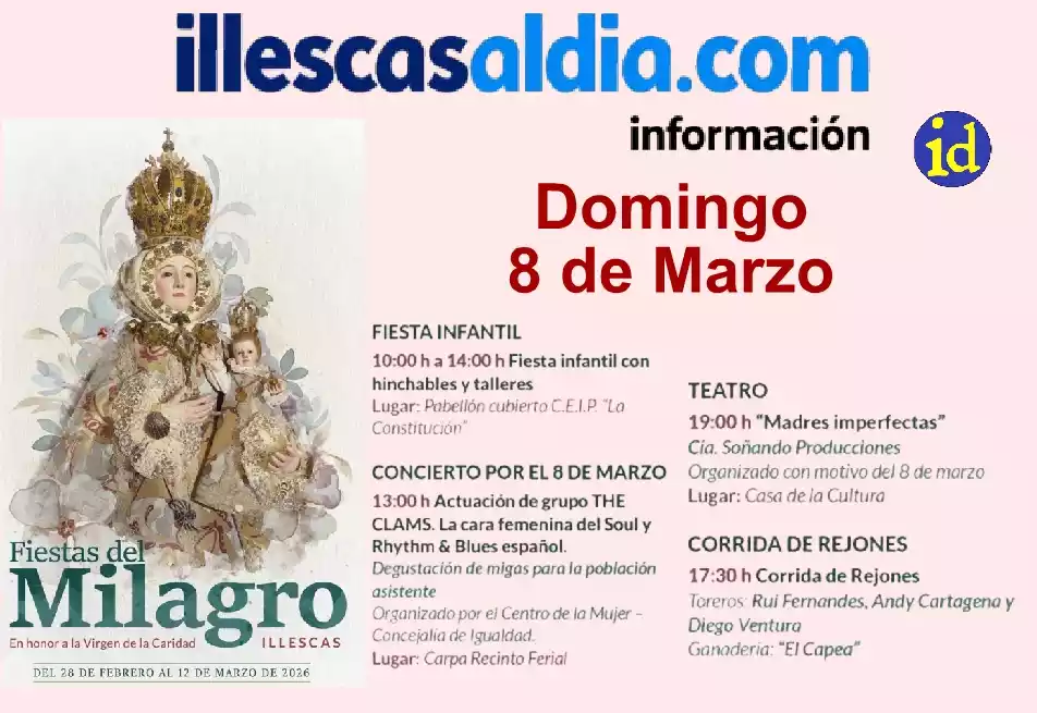 Fiestas Milagro Illescas 2026. Programación Domingo 8 de Marzo