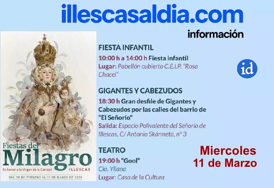 Fiestas Milagro Illescas 2026. Programación Miercoles 11 de Marzo