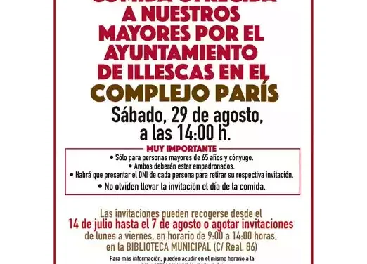 Las invitaciones para la comida de los mavores se podrán recoger a partir del martes 14